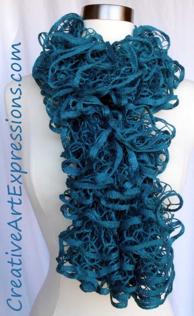 Creative Art Expressions Hand Knit Turquoise Ruffle Scarf